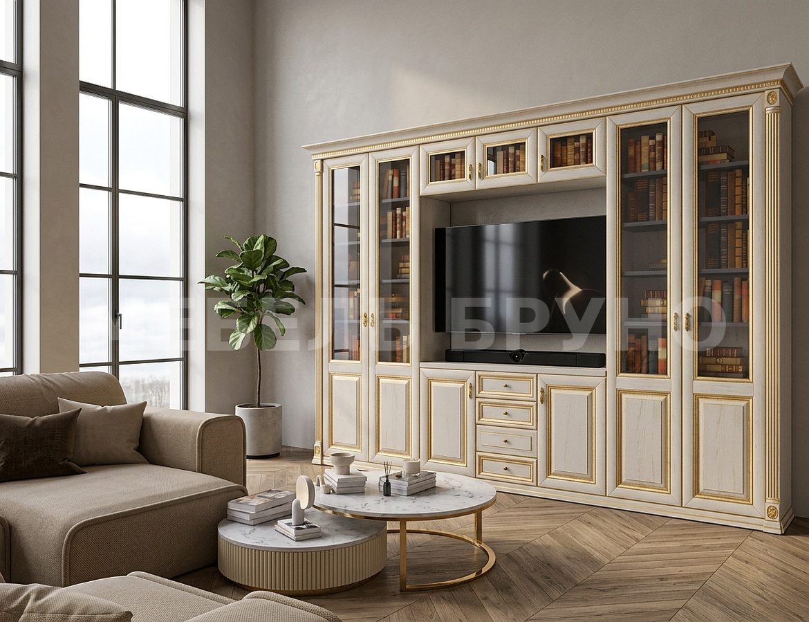 Светлая библиотека с золотым декором в просторной гостиной