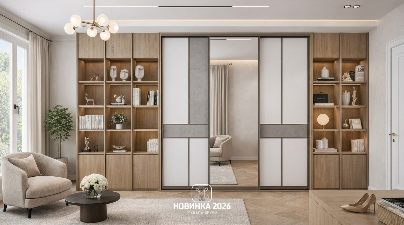 Шкаф-купе в спальне, зеркальные двери, современный интерьер