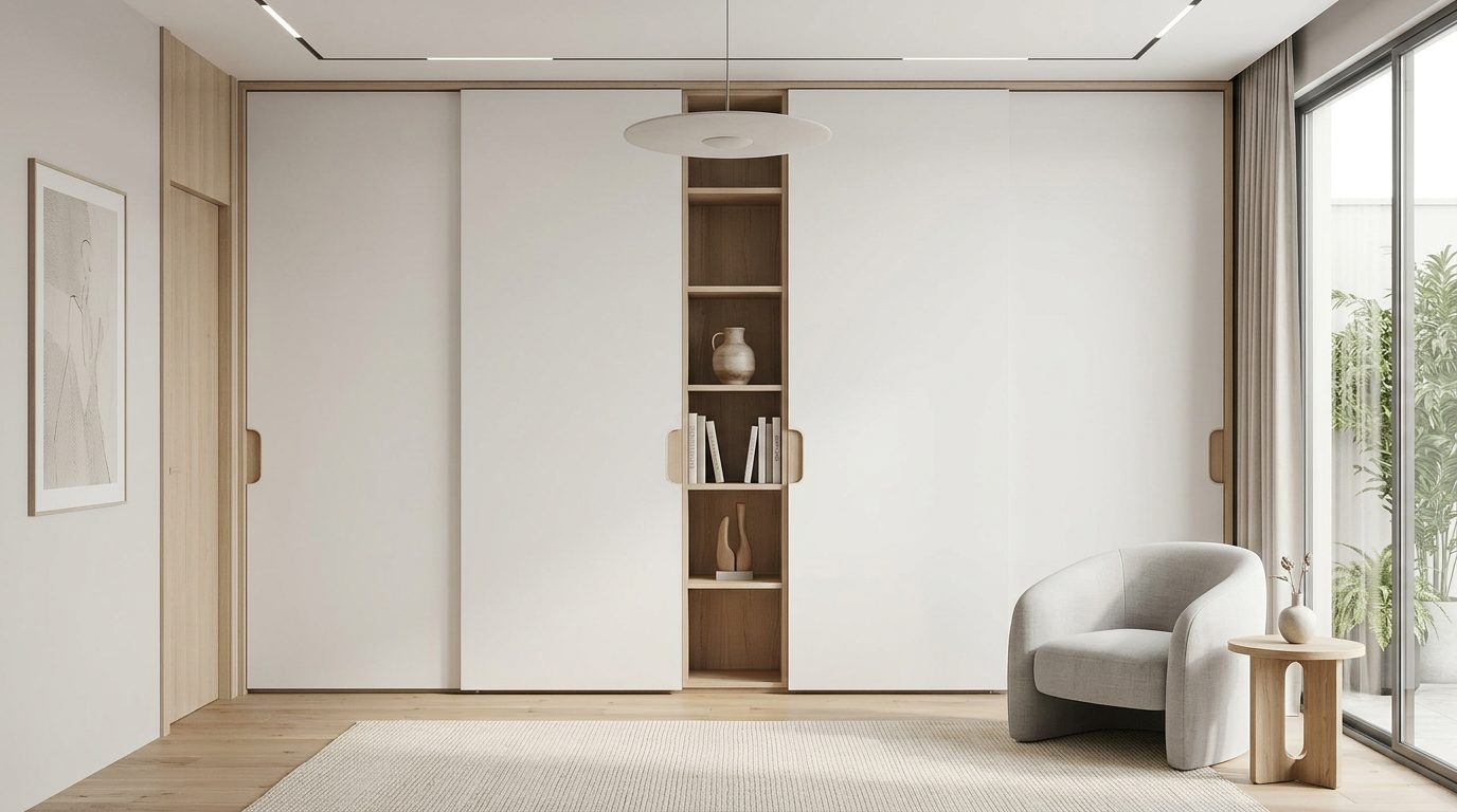 Спальня с большим шкафом-купе, скандинавский стиль, натуральное дерево