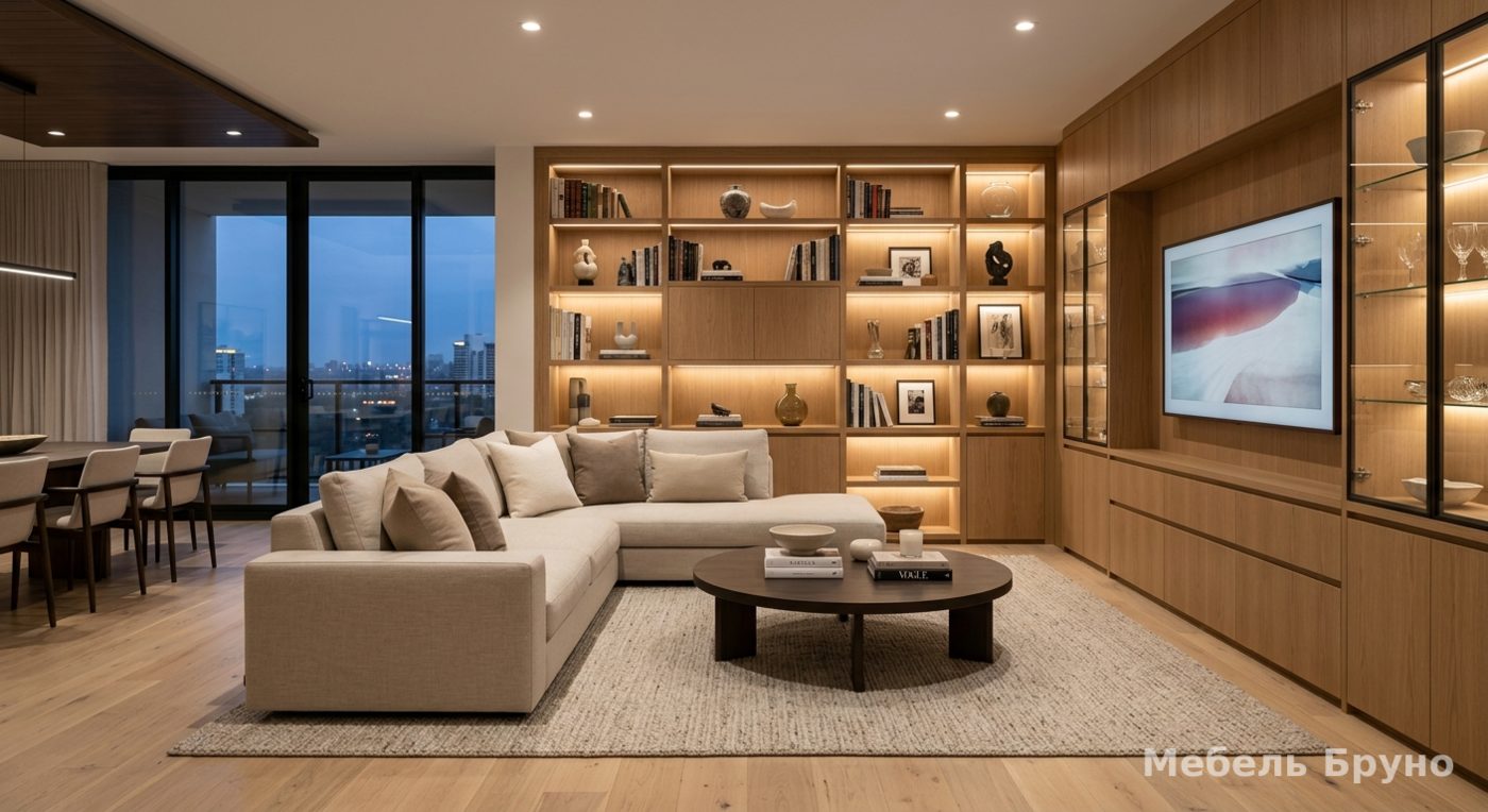 Современная гостиная с мебелью из шпона