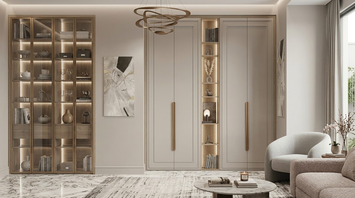 Гостиная со встроенными стеллажами от стены до стены